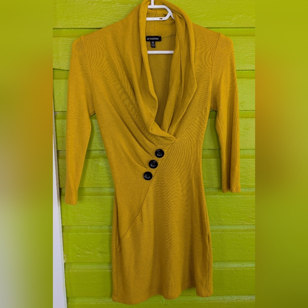 Vintage le chateau Mustard Yellow Drape Neck Knit Sweater Black Buttons xxs